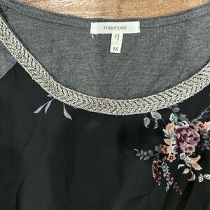 Maurices Black Top with Floral and Gray Details